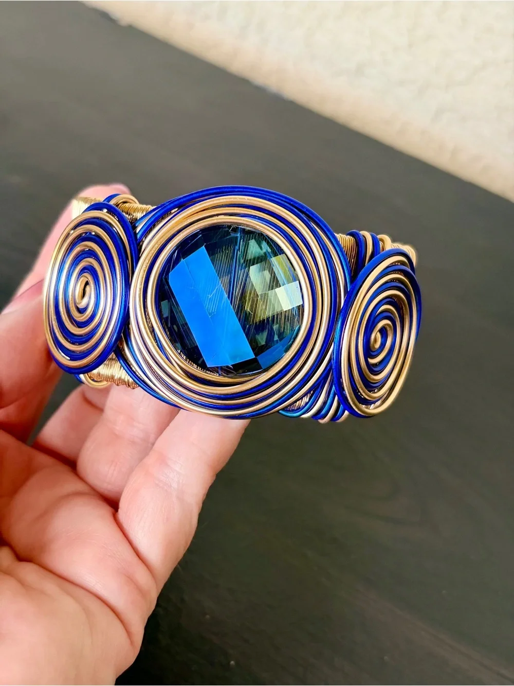 Sparkling Blue and Gold Wire Wrapped Cuff Bracelet